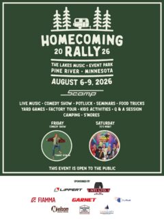 SAVE THE DATE!
Join us August 6–9 for the 2026 Scamp Homecoming Rally at Lakes Music & Events Park in Pine River, Minnesota!
Whether you’re a longtime Scamp owner, thinking about purchasing your first Scamp, or just looking for a fun weekend event, we’d love to have you.
Admission is FREE to the public—you only need to reserve a site if you’d like to camp for the weekend.
Enjoy:
• Tour the Scamp Factory
• Comedy show featuring NBC’s Last Comic Standing Semi-Finalist, Tommy Ryman
• 70’s night with live music from The 70’s Magic Sunshine Band
• Food trucks and local brews from Rendezvous Brewing
• Seminars and Q&A sessions
• Games, activities, and family fun
• Hundreds of Scamp trailers from across the country
Come experience the Scamp community, meet fellow adventurers, and see why so many people call Scamp home.
Reserve your campsite here:
https://store.scamptrailers.com/scamp-rally-sites
Thank you to our 2026 Homecoming Rally sponsors:
NTI | Lippert | Garnet Instruments | Nelson Sanitation & Rental Inc | Fiamma | Dry Flush | Pine River Mini Storage | Cass County EDC